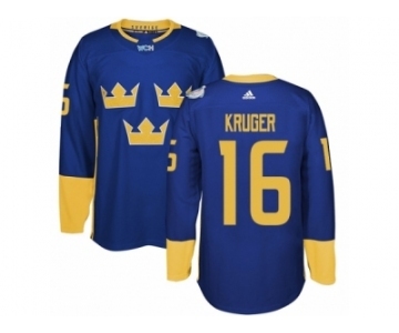 Men's Adidas Team Sweden #16 Marcus Kruger Premier Royal Blue Away 2016 World Cup of Hockey Jersey