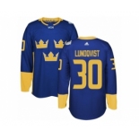 Men's Adidas Team Sweden #30 Henrik Lundqvist Premier Royal Blue Away 2016 World Cup of Hockey Jersey