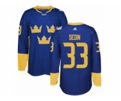 Men's Adidas Team Sweden #33 Henrik Sedin Premier Royal Blue Away 2016 World Cup of Hockey Jersey