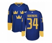 Men's Adidas Team Sweden #34 Carl Soderberg Premier Royal Blue Away 2016 World Cup of Hockey Jersey