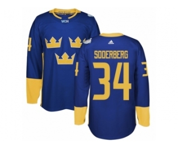 Men's Adidas Team Sweden #34 Carl Soderberg Premier Royal Blue Away 2016 World Cup of Hockey Jersey