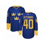 Men's Adidas Team Sweden #40 Henrik Zetterberg Premier Royal Blue Away 2016 World Cup of Hockey Jersey