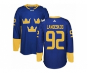 Men's Adidas Team Sweden #92 Gabriel Landeskog Premier Royal Blue Away 2016 World Cup of Hockey Jersey