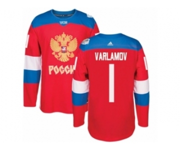 Men's Adidas Team Russia #1 Semyon Varlamov Premier Red Away 2016 World Cup of Hockey Jersey