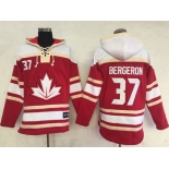 Team CA. #37 Patrice Bergeron Red Sawyer Hooded Sweatshirt 2016 World Cup Stitched NHL Jersey