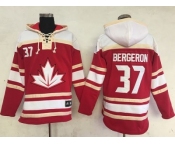 Team CA. #37 Patrice Bergeron Red Sawyer Hooded Sweatshirt 2016 World Cup Stitched NHL Jersey