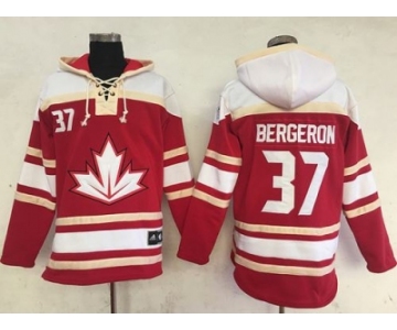 Team CA. #37 Patrice Bergeron Red Sawyer Hooded Sweatshirt 2016 World Cup Stitched NHL Jersey