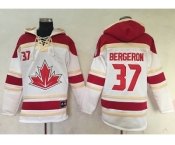 Team CA. #37 Patrice Bergeron White Sawyer Hooded Sweatshirt 2016 World Cup Stitched NHL Jersey