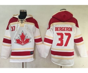 Team CA. #37 Patrice Bergeron White Sawyer Hooded Sweatshirt 2016 World Cup Stitched NHL Jersey