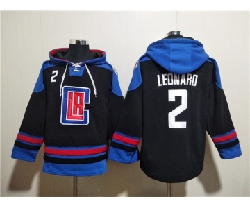 Men's Los Angeles Clippers #2 Kawhi Leonard Black Blue Lace-Up Pullover Hoodie