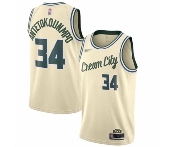 Youth Milwaukee Bucks #34 Giannis Antetokounmpo Swingman Cream Basketball Jersey - 2019-20 City Edition