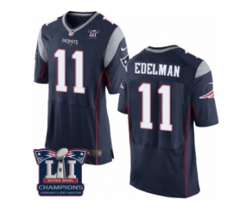 Men's Nike New England Patriots #11 Julian Edelman Elite Navy Blue Team Color Super Bowl LI Champions NFL Jersey