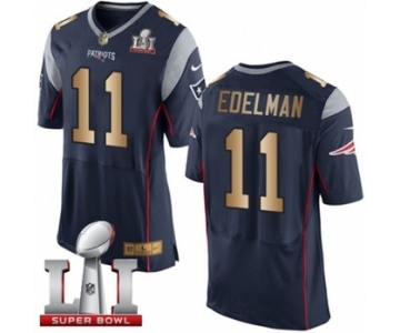 Men's Nike New England Patriots #11 Julian Edelman Elite Navy-Gold Team Color Super Bowl LI 51 NFL Jersey