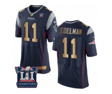 Men's Nike New England Patriots #11 Julian Edelman Elite Navy Gold Team Color Super Bowl LI Champions NFL Jersey