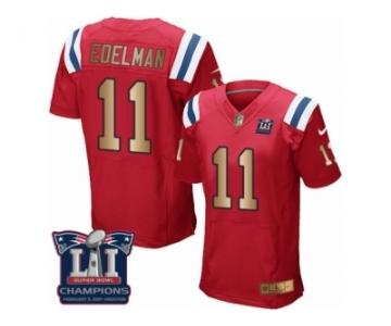 Men's Nike New England Patriots #11 Julian Edelman Elite Red Gold Alternate Super Bowl LI Champions NFL Jersey