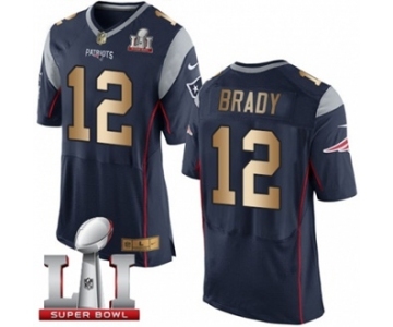 Men's Nike New England Patriots #12 Tom Brady Elite Navy-Gold Team Color Super Bowl LI 51 NFL Jersey