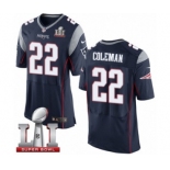 Men's Nike New England Patriots #22 Justin Coleman Elite Navy Blue Team Color Super Bowl LI 51 NFL Jersey