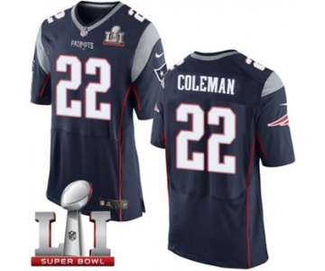 Men's Nike New England Patriots #22 Justin Coleman Elite Navy Blue Team Color Super Bowl LI 51 NFL Jersey