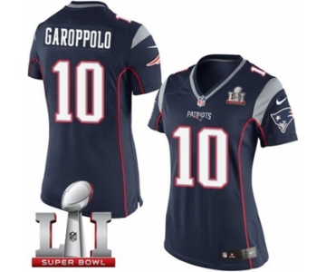 Women's Nike New England Patriots #10 Jimmy Garoppolo Elite Navy Blue Team Color Super Bowl LI 51 NFL Jersey