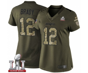 Women's Nike New England Patriots #12 Tom Brady Limited Green Salute to Service Super Bowl LI 51 NFL Jersey