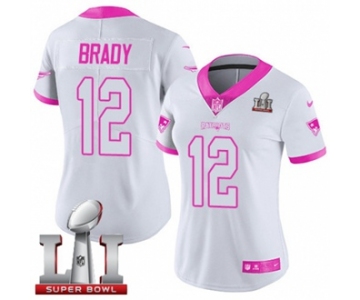 Women's Nike New England Patriots #12 Tom Brady Limited White-Pink Rush Fashion Super Bowl LI 51 NFL Jersey