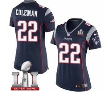 Women's Nike New England Patriots #22 Justin Coleman Elite Navy Blue Team Color Super Bowl LI 51 NFL Jersey