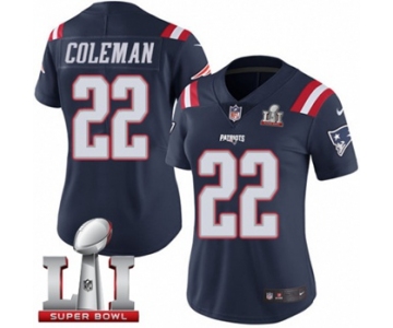 Women's Nike New England Patriots #22 Justin Coleman Limited Navy Blue Rush Super Bowl LI 51 NFL Jersey