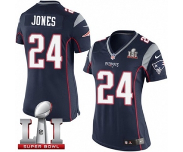 Women's Nike New England Patriots #24 Cyrus Jones Elite Navy Blue Team Color Super Bowl LI 51 NFL Jersey