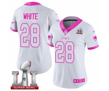 Women's Nike New England Patriots #28 James White Limited White-Pink Rush Fashion Super Bowl LI 51 NFL Jersey