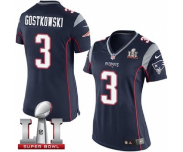 Women's Nike New England Patriots #3 Stephen Gostkowski Elite Navy Blue Team Color Super Bowl LI 51 NFL Jersey