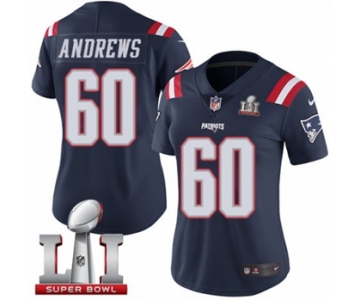 Women's Nike New England Patriots #60 David Andrews Limited Navy Blue Rush Super Bowl LI 51 NFL Jersey