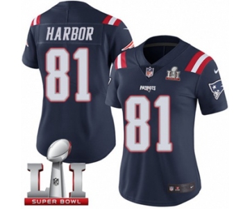 Women's Nike New England Patriots #81 Clay Harbor Limited Navy Blue Rush Super Bowl LI 51 NFL Jersey