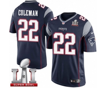 Youth Nike New England Patriots #22 Justin Coleman Elite Navy Blue Team Color Super Bowl LI 51 NFL Jersey