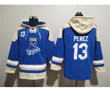 Men's Kansas City Royals #13 Salvador Perez Blue Ageless Must-Have Lace-Up Pullover Hoodie