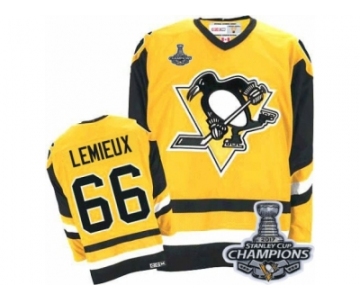 Men's CCM Pittsburgh Penguins #66 Mario Lemieux Premier Yellow Throwback 2017 Stanley Cup Champions NHL Jersey