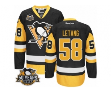 Men's Reebok Pittsburgh Penguins #58 Kris Letang Authentic Black Gold Third 50th Anniversary Patch NHL Jersey