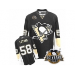 Men's Reebok Pittsburgh Penguins #58 Kris Letang Authentic Black Home 50th Anniversary Patch NHL Jersey