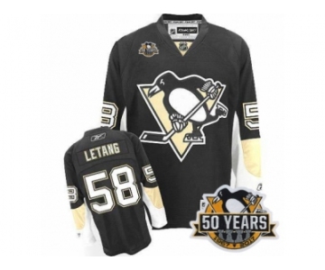 Men's Reebok Pittsburgh Penguins #58 Kris Letang Authentic Black Home 50th Anniversary Patch NHL Jersey