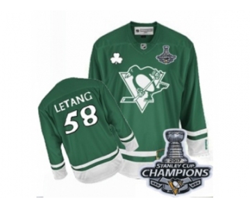 Men's Reebok Pittsburgh Penguins #58 Kris Letang Premier Green St Patty's Day 2017 Stanley Cup Champions NHL Jersey