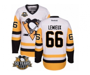 Men's Reebok Pittsburgh Penguins #66 Mario Lemieux Authentic White Away 50th Anniversary Patch NHL Jersey