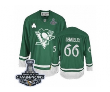 Men's Reebok Pittsburgh Penguins #66 Mario Lemieux Premier Green St Patty's Day 2017 Stanley Cup Champions NHL Jersey