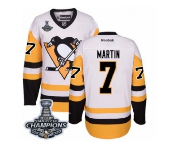 Men's Reebok Pittsburgh Penguins #7 Paul Martin Premier White Away 2017 Stanley Cup Champions NHL Jersey