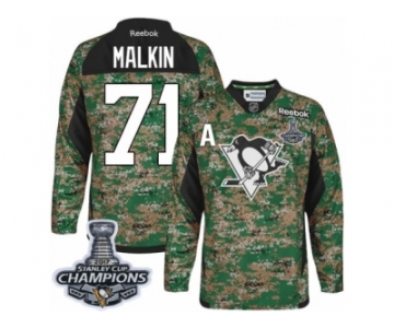 Men's Reebok Pittsburgh Penguins #71 Evgeni Malkin Authentic Camo Veterans Day Practice 2017 Stanley Cup Champions NHL Jersey