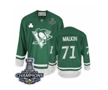 Men's Reebok Pittsburgh Penguins #71 Evgeni Malkin Authentic Green St Patty's Day 2017 Stanley Cup Champions NHL Jersey