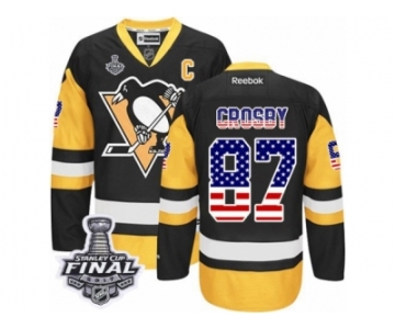 Men's Reebok Pittsburgh Penguins #87 Sidney Crosby Authentic Black Gold USA Flag Fashion 2017 Stanley Cup Final NHL Jersey