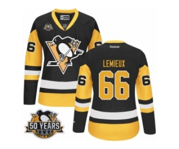 Women's Reebok Pittsburgh Penguins #66 Mario Lemieux Authentic Black Gold Third 50th Anniversary Patch NHL Jersey