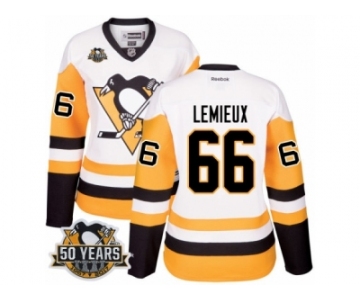 Women's Reebok Pittsburgh Penguins #66 Mario Lemieux Authentic White Away 50th Anniversary Patch NHL Jersey