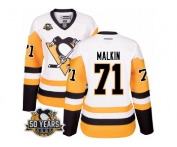 Women's Reebok Pittsburgh Penguins #71 Evgeni Malkin Authentic White Away 50th Anniversary Patch NHL Jersey