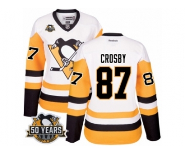 Women's Reebok Pittsburgh Penguins #87 Sidney Crosby Authentic White Away 50th Anniversary Patch NHL Jersey