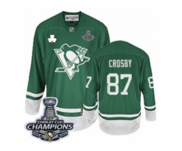 Youth Reebok Pittsburgh Penguins #87 Sidney Crosby Authentic Green St Patty's Day 2017 Stanley Cup Champions NHL Jersey